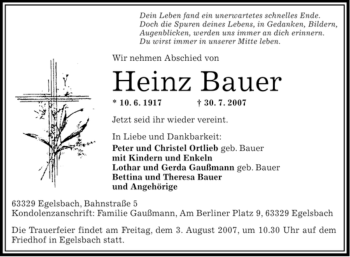 Todesanzeige von Heinz Bauer von MERKUR & TZ