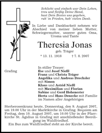 Todesanzeige von Theresia Jonas von GARMISCH-PARTENK. TAGBLATT