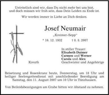 Todesanzeige von Josef Neumair von MERKUR & TZ