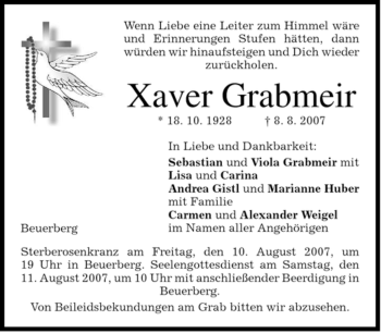 Todesanzeige von Xaver Grabmeir von MERKUR & TZ