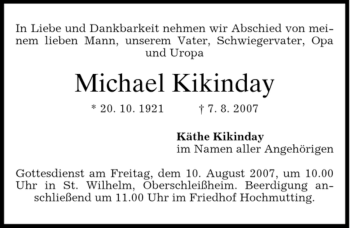 Todesanzeige von Michael Kikinday von DORFENER NACHRICHTEN