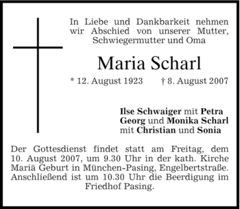 Todesanzeige von Maria Scharl von DORFENER NACHRICHTEN