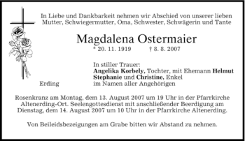 Todesanzeige von Magdalena Ostermaier von MERKUR & TZ