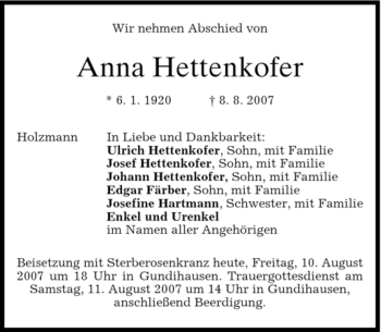 Todesanzeige von Anna Hettenkofer von MERKUR & TZ