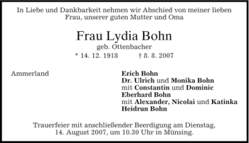 Todesanzeige von Lydia Bohn von MERKUR & TZ