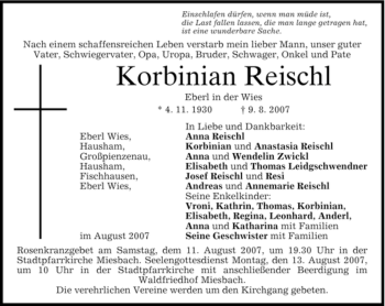 Todesanzeige von Korbinian Reischl von MERKUR & TZ