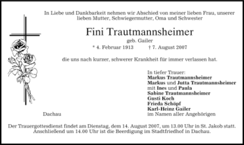 Todesanzeige von Fini Trautmannsheimer von HOLZKIRCHENER MERKUR
