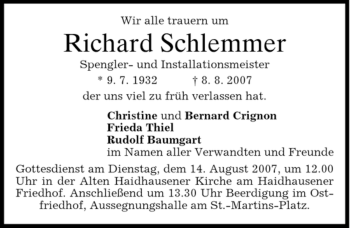 Todesanzeige von Richard Schlemmer von DORFENER NACHRICHTEN