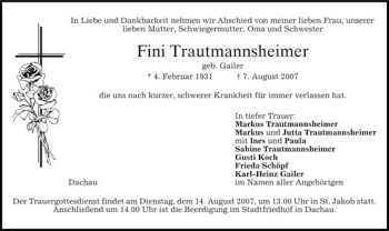 Todesanzeige von Fini Trautmannsheimer von HOLZKIRCHENER MERKUR