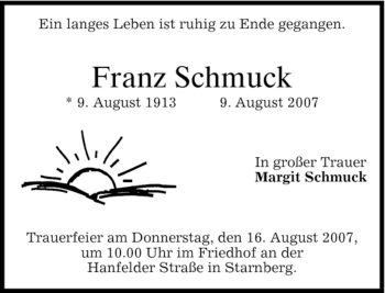 Todesanzeige von Franz Schmuck von MERKUR & TZ
