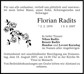 Todesanzeige von Florian Radits von MERKUR & TZ