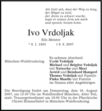 Todesanzeige von Ivo Vrdoljak von DORFENER NACHRICHTEN