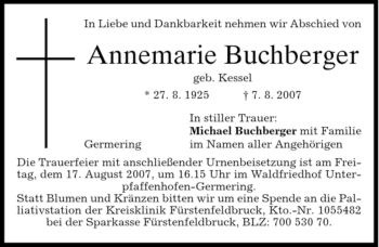 Todesanzeige von Annemarie Buchberger von MERKUR & TZ