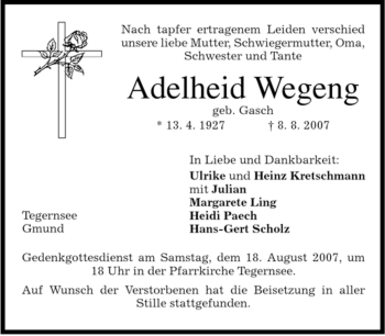 Todesanzeige von Adelheid Wegeng von MERKUR & TZ