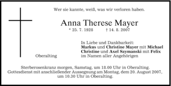 Todesanzeige von Ottilie Bruckmaier von MERKUR & TZ