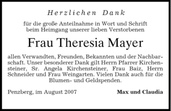 Todesanzeige von Theresia Mayer von MERKUR & TZ
