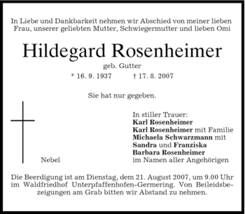 Todesanzeige von Hildegard Rosenheimer von MERKUR & TZ