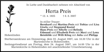 Todesanzeige von Herta Preis von GARMISCH-PARTENK. TAGBLATT