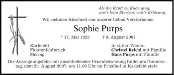 Todesanzeige von Sophie Purps von HOLZKIRCHENER MERKUR