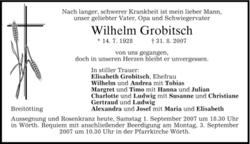 Todesanzeige von Wilhelm Grobitsch von MERKUR & TZ
