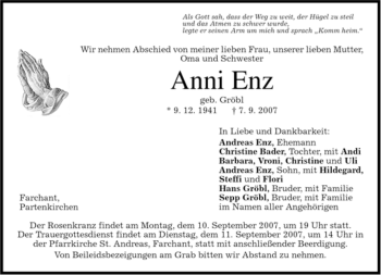 Todesanzeige von Anni Enz von MERKUR & TZ