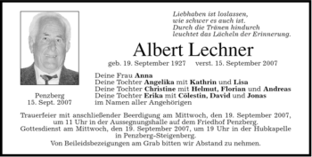 Todesanzeige von Albert Lechner von MERKUR & TZ