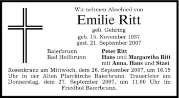 Todesanzeige von Emilie Ritt von DORFENER NACHRICHTEN