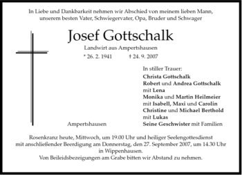 Todesanzeige von Josef Gottschalk von MERKUR & TZ