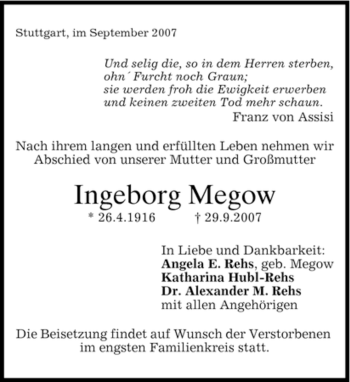 Todesanzeige von Ingeborg Megow von MERKUR & TZ