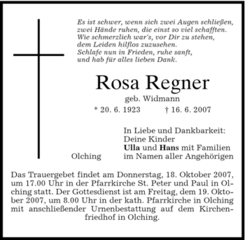 Todesanzeige von Rosa Regner von MERKUR & TZ