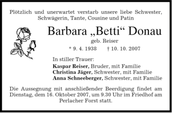 Todesanzeige von Barbara Donau von DORFENER NACHRICHTEN