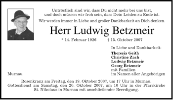 Todesanzeige von Ludwig Betzmeir von MERKUR & TZ