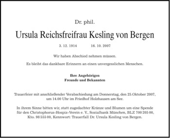 Todesanzeige von Ursula Reichsfreifrau Kesling von Bergen von DORFENER NACHRICHTEN