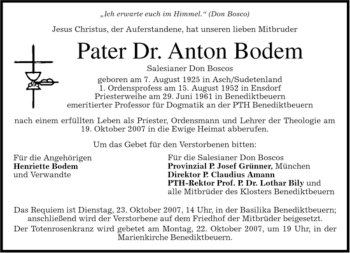 Todesanzeige von Anton Bodem von MERKUR & TZ