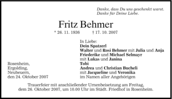 Todesanzeige von Fritz Behmer von GARMISCH-PARTENK. TAGBLATT