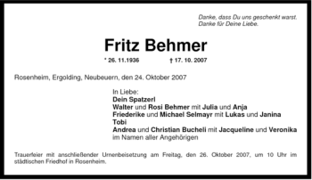 Todesanzeige von Fritz Behmer von MERKUR & TZ