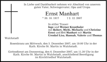 Todesanzeige von Ernst Manhart von MERKUR & TZ