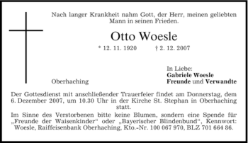 Todesanzeige von Otto Woesle von DORFENER NACHRICHTEN
