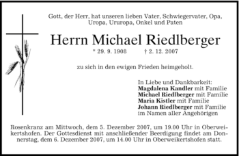Todesanzeige von Michael Riedlberger von MERKUR & TZ