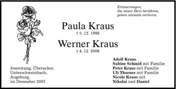 Todesanzeige von Paula Kraus von MERKUR & TZ