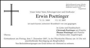 Todesanzeige von Erwin Poettinger von MERKUR & TZ