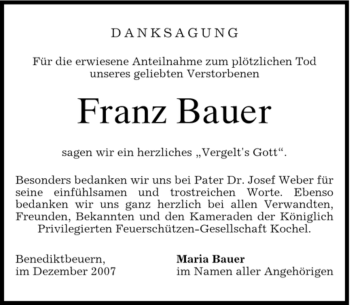 Todesanzeige von Franz Bauer von MERKUR & TZ