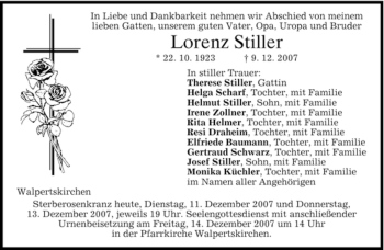 Todesanzeige von Lorenz Stiller von MERKUR & TZ