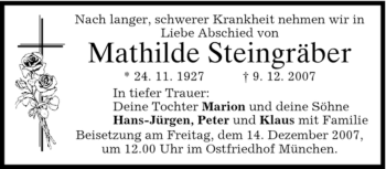 Todesanzeige von Mathilde Steingräber von DORFENER NACHRICHTEN