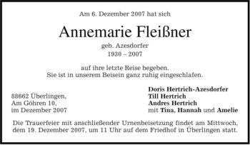 Todesanzeige von Annemarie Fleißner von MERKUR & TZ