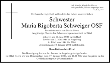 Todesanzeige von Maria Rigoberta Schweiger von MERKUR & TZ