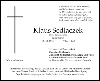 Todesanzeige von Klaus Sedlaczek von MERKUR & TZ