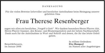 Todesanzeige von Therese Resenberger von MERKUR & TZ