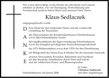 Todesanzeige von Klaus Sedlaczek von MERKUR & TZ