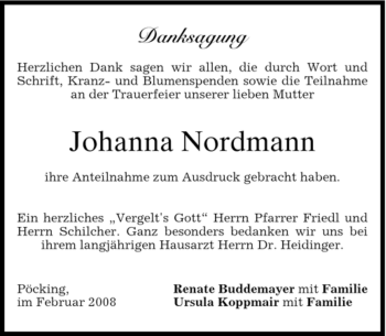 Todesanzeige von Johanna Nordmann von MERKUR & TZ